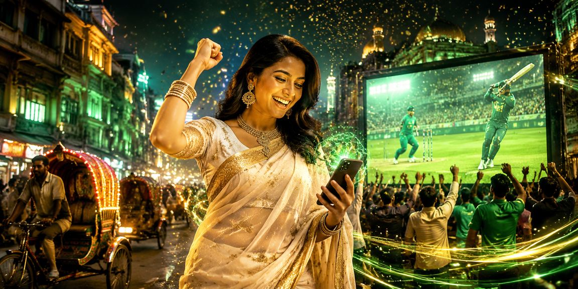 ঢাকায় একজন নারী দর্শক শাড়ি পরে মোবাইলে ক্রিকেট ম্যাচ উপভোগ করছেন